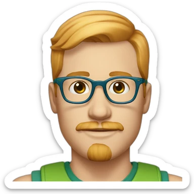 35 year old man with strawberry blond hair, clean shaved chin with moustache, blue eyes and round green glasses sticker