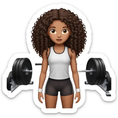 Uma boneca morena escura com olhos castanhos e cabelo cacheado longo até o peito, treinando Gym sticker