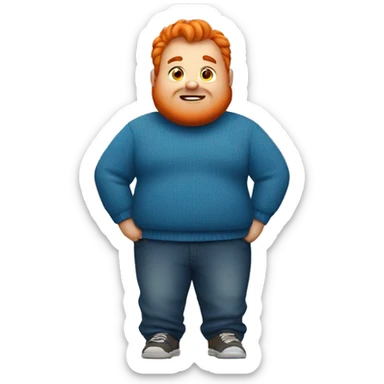a fat man with blue sweater and orange hair sticker