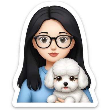 Girl with long black hair and glasses holding a white Bichon Frise dog sticker