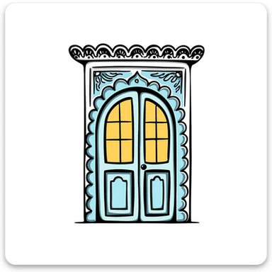 doodle of a Tunisian door with ornate patterns, blue and yellow, hand-drawn style sticker
