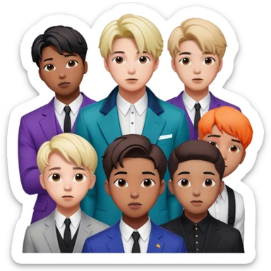 Cinematic Realistic group portrait of BTS featuring all 7 members in stylish modern attire, with detailed facial expressions and vibrant colors, captured in dynamic, contemporary lighting that emphasizes their global pop icon status sticker