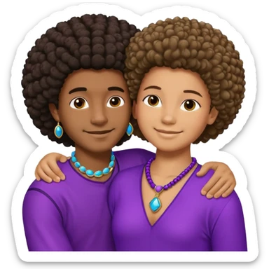 Tan male with short straight, light wavy hair, smiling and hugging a darkblack African  girl with Afro in purple clothes with blue jewelry sticker