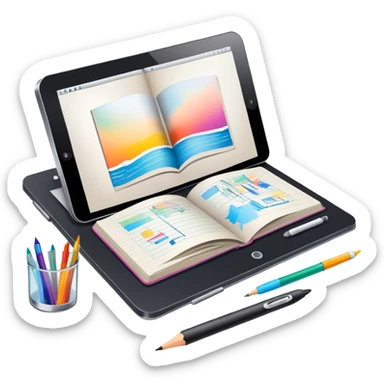 Colourfull Illustration icon, pencil, paintbrush, gel pen, graphic tablet or monitor with digital illustration, open book with sketches, minimalistic style, clean lines, transparent background. sticker