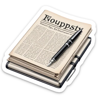 Create an emoji representing journalism and publicistic writing. The design should feature a stack of newspapers, an open notebook with visible text, and a single fountain pen placed near the notebook, symbolizing the act of writing. Use neutral, professional colors like black, white, and muted tones to convey a sense of seriousness and intellect. Do not include any emojis or smiley faces. Make the background transparent. sticker
