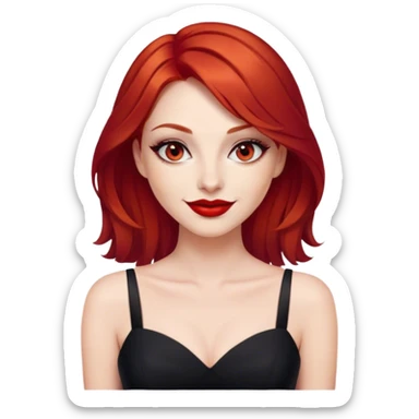 a woman with red hair and red eyes. The woman wear a black dress. She have red lipstick and she have a seductive look and smile sticker