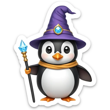 penguin wearing a wizard hat and holding a magic wand sticker