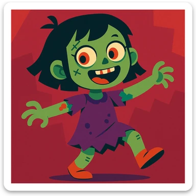girl zombie with black short hair, cartoonish, playful, vibrant colors sticker