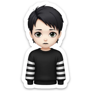 Goth boy, chibi style, oversized sweater, striped sleeves, cute sticker