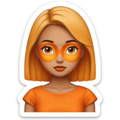 A girl tan skin face emoji with skin head styled, dramatic makeup and an orange dress. sticker