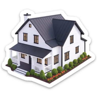 modern farmhouse with white siding, black roof and black trim, isometric exterior view sticker
