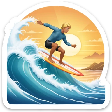 A surfer riding a large wave, skillfully balancing on their board as the ocean crashes around them. The scene captures the energy and excitement of surfing, with the sun setting in the background and the water sparkling under the light. sticker
