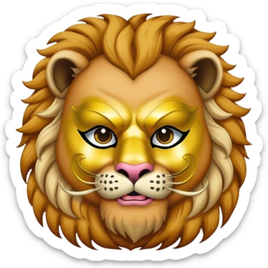 a fat man, with a vest,  wear half-face golden Lion masquerade mask sticker