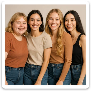 group portrait of four young female friends, 25 years old, waist up, diverse body types: chubby blonde with cheeks, slim brunette, normal weight blonde with long wavy hair, slim brunette with very long hair; casual clothing, neutral background, cheerful attitude sticker