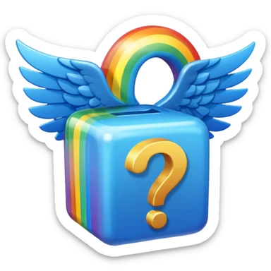 Blue cube with blue wings and has a rainbow question mark sticker
