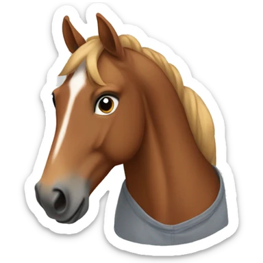 A chestnut horse wearing a grey t-shirt sticker
