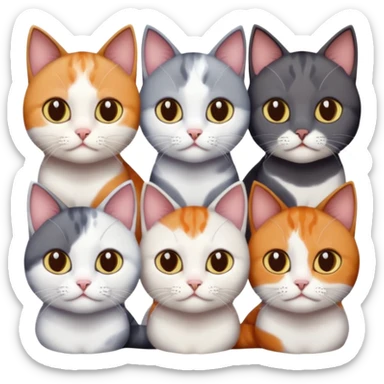 4 different coloured short haired cats including; a dark brown and white cat, and a dark grey and white, and a calico sticker