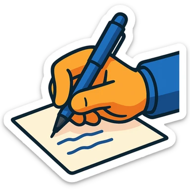 a hand holding a pen writing on paper, colorful cartoon style sticker