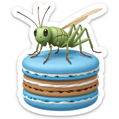 A cartoon cricket on a blue macaron with white frosting to be an icon image sticker