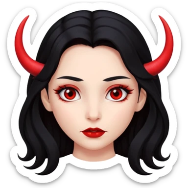 A girl's face with cheekbones, completely red skin, long black hair, small red horns, and red eyes. sticker