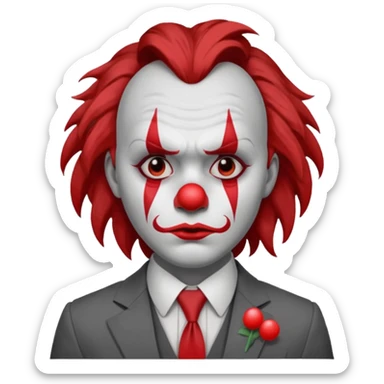 No wig, but long messy brown hair.

White face paint with red clown makeup and a red nose.

Wearing a gray suit with a tie.

Expression is sad and serious, resembling a clown with a more human-like look. sticker