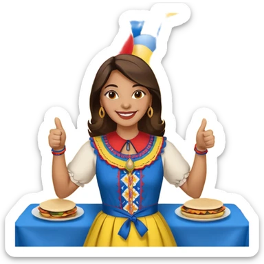 party table decorated with red blue and yellow colors, including backdrops, balloons, streamers and more, on the table are intricate displays of colombian arepas, and in the forefront a woman in traditional colombian dress with a smile and big thumbs up sticker
