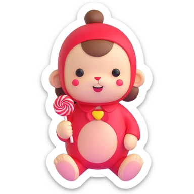 cute Monchichi plush toy with a lollipop sticker