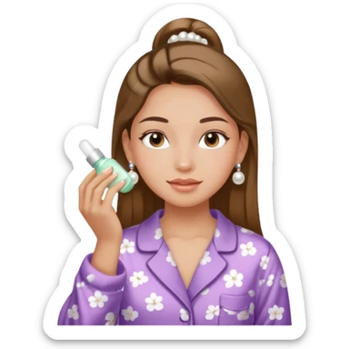 Clean girl aesthetic emoticons, apply skincare products, pearl earrings, glowing skin, pajamas, soft lighting sticker