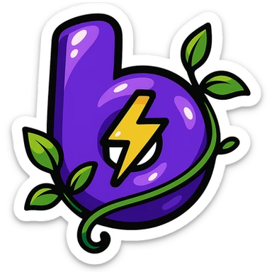plump vibrant Boosty logo cartoon style purple 'b' with lightning bolt cutout bold outline expressive shadows glossy highlights no background leafy vine wrapping around logo sticker