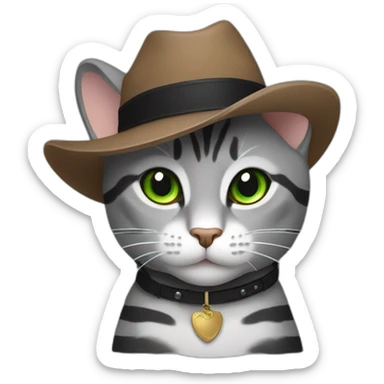 Gray cat with black stripes and brown cowboy hat and green eyes  sticker