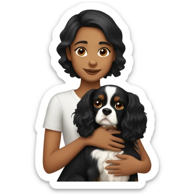 girl with black hair and light skin hugging two black and brown cavalier king charles spaniel  sticker
