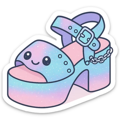 Add a holographic effect to the black-to-pastel pink gradient platform sandals with silver studs and chains, subtle glitter, kawaii style, no socks, no hearts, transparent background sticker