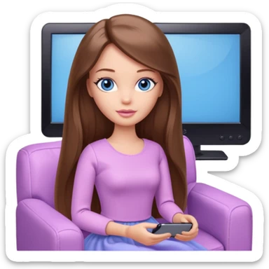 beautiful barbie girl with long brown hair, blue eyes and wearing light purple clothes watching tv shows sticker