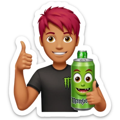 Monster energy man holding a can and a thumbs up with red hair sticker