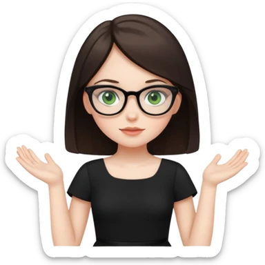 a cute white brunette girl with green eyes in a black dress wearing glasses  with two hands  sticker