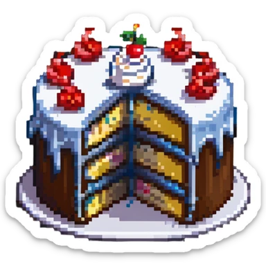 pixel art of a cake with multiple bites taken out of it sticker