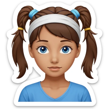 A girl with a messy ponytail, she’s tanned blue eyes and brown hair with a headband on sticker