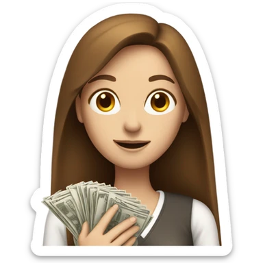White woman with flowing brown hair counting money sticker