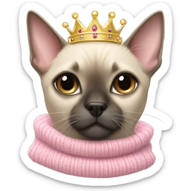 Siamese cat wearing a pink sweater and tiara hugging a light brown little dog wearing a grey sweater and crown sticker