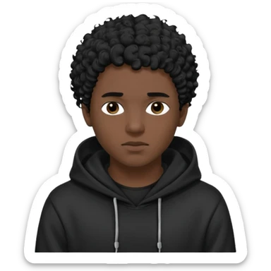 Emoji with guy with curly black hair and short quiff hairstyle, he is looking similar to music artist Central Cee, wear black t-shirt and black hoodie with hood pulled on his head. Looking straight at us, without deforming his face sticker