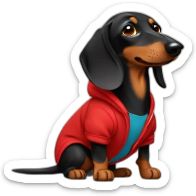Black dachshund barking in red hoodie sticker
