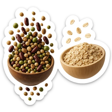 BOWL DI LEGUMI FLUTTUA IN ARIA INSIEME A BOWL DI FIOCCHI DI AVENA,  iperrealistico 4k sticker