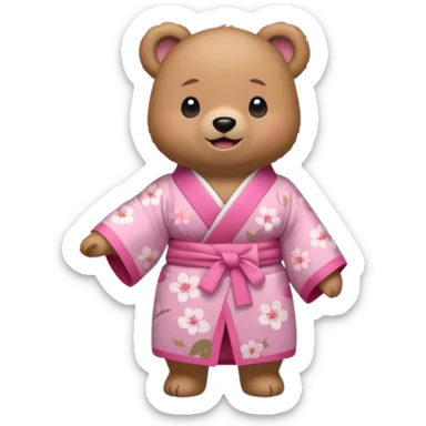A cute light-brown bear wearing a pastel pink sakura-patterned kimono, normal balanced body ratio.  
Standing under a blooming sakura tree, looking up at falling pink petals with a soft amazed smile.  
Kawaii emoji style, minimalistic clean sticker illustration, simple scenic background. sticker