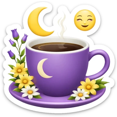 Coffee cup with a moon symbol on the cup in a garden of yellow and purple flowers  sticker