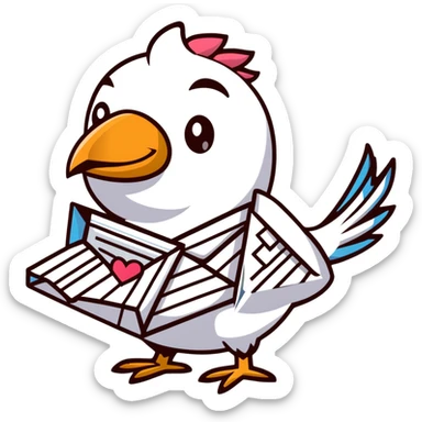 Mayan style bird carrying mail, love letter with heart, envelope with message, all with clean geometric lines sticker