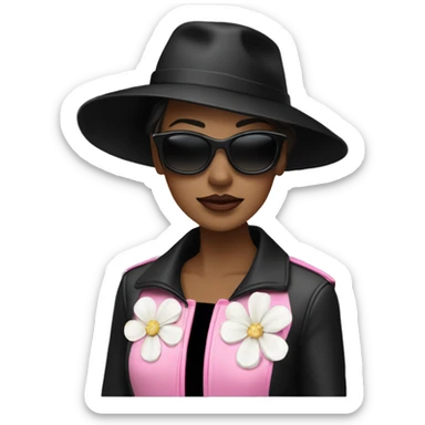  woman wearing a black hat adorned with a white flower and smaller decorative flowers. She is also wearing black sunglasses and a shiny pink jacket over a black top. She appears in a side profile pose , her head slightly tilted back. White skin sticker