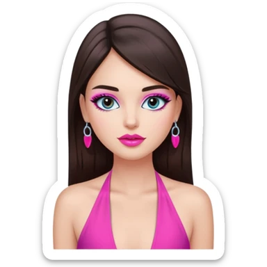 generate a pretty fair bratz girl with dark brown eyes, dark brown hair straight long. Wearing a hot pink halter neck top.  pink lipgloss. light blue eyeshadow sticker