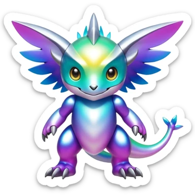 white iridescent colorful metallic alloy gradient shiny glossy Fakémon-Digimon-creature-hybrid (full body) sticker