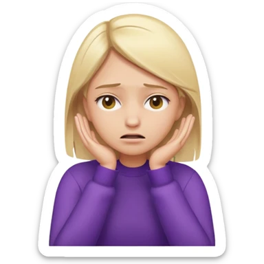 Emoji-style illustration of a frustrated young woman, smooth, shiny, perfectly styled blonde hair, wearing a purple sweater, holding her face in her hands, expressing annoyance and disappointment, cartoonish, expressive, simple lines, flat colors, clear silhouette sticker