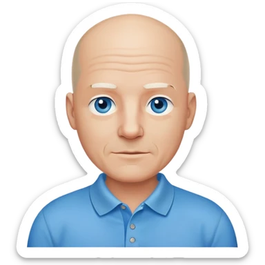 bald man, face and neck, blue eyes, kind face, polo shirt in his 60's sticker